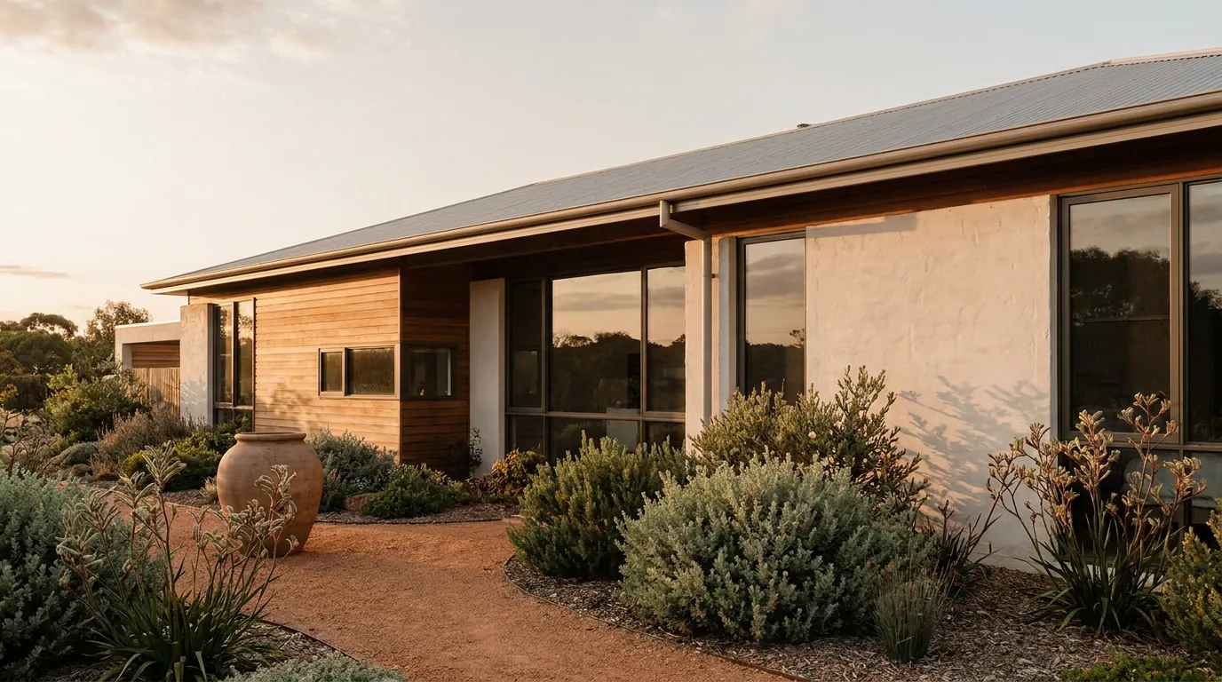A contemporary Australian home with native garden at golden hour