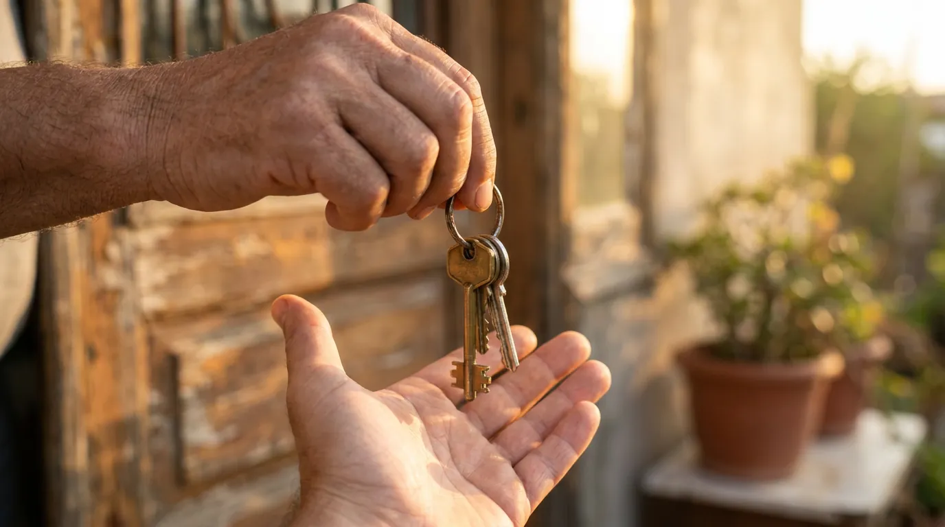 A set of house keys resting on a timber bench