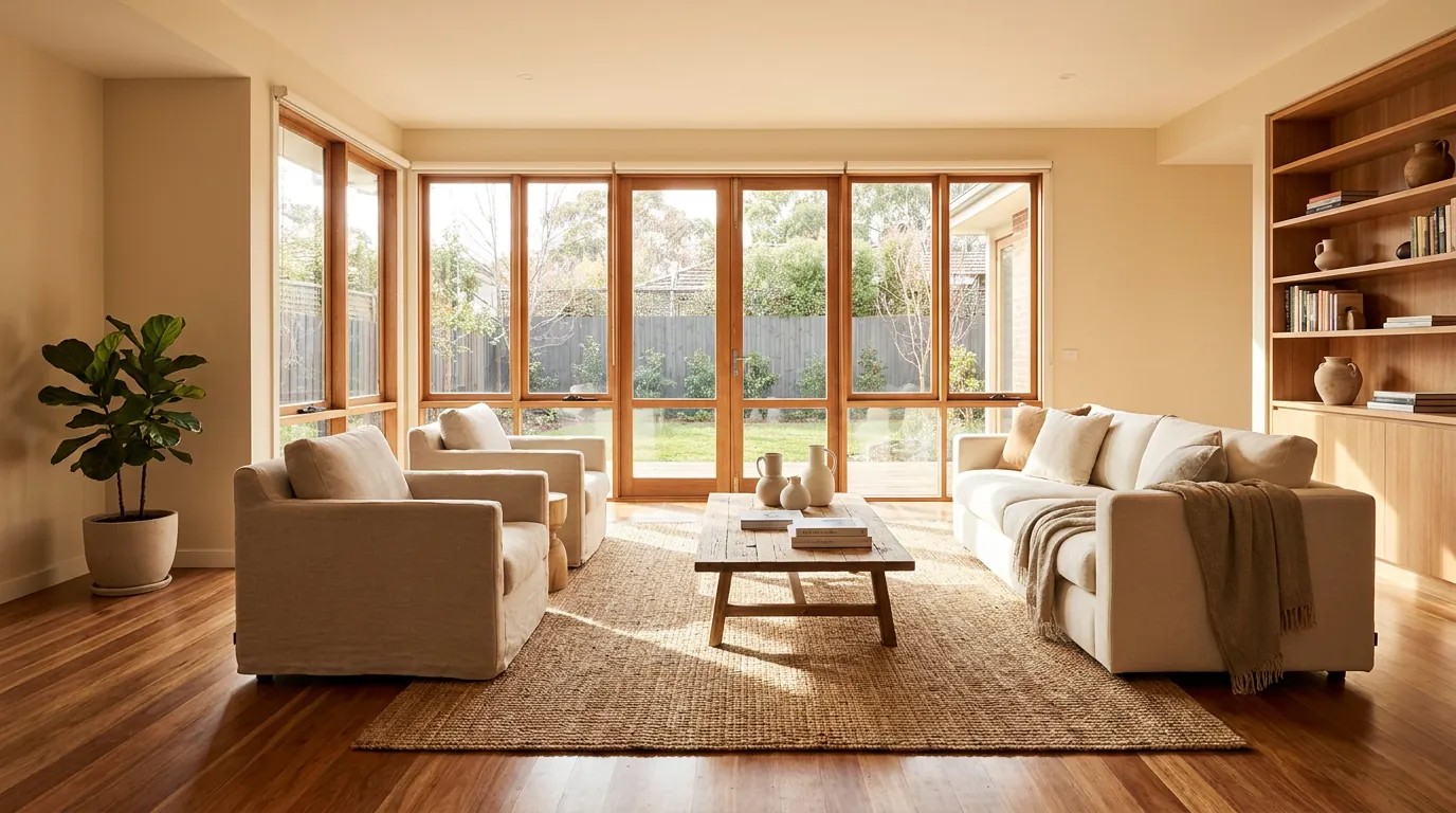 A warm, light-filled living room opening onto a garden