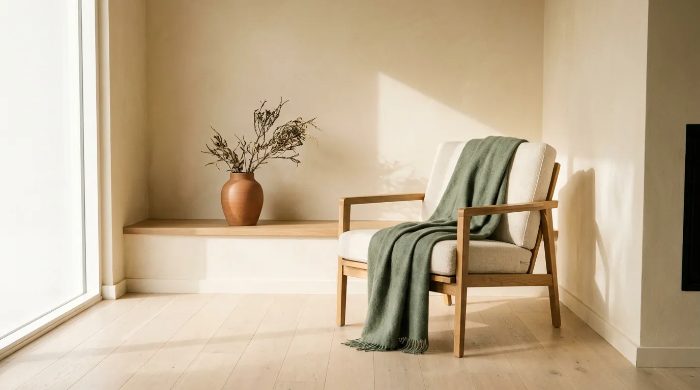 A calm corner of a home: an oak armchair with a sage-green throw beside a terracotta vase